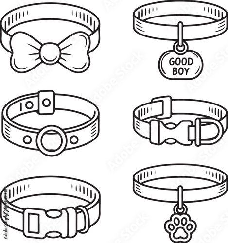 Pet Accessory Doodle Icon Set Bowtie Collars, ID Tags, Breakaway Collars, Training Collars, and Adjustable Buckles