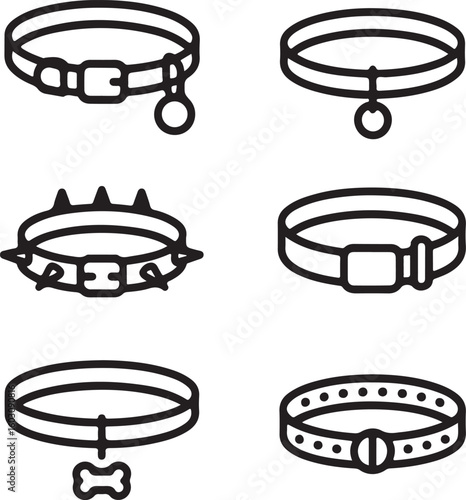 Pet Collar Line Icon Set Adjustable Collars, Buckles, Name Tags, Spikes, and Patterns for Cats and Dogs