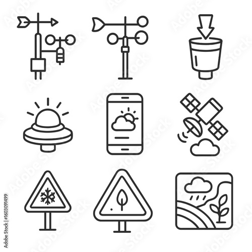 Weather Monitoring Icons. Line style icons of weather monitoring tools: weather station pole, wind direction meter, rain gauge,