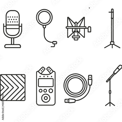 Audio Recording Icons. Line style icons of audio recording accessories: condenser mic, pop filter, shock mount, studio stand,