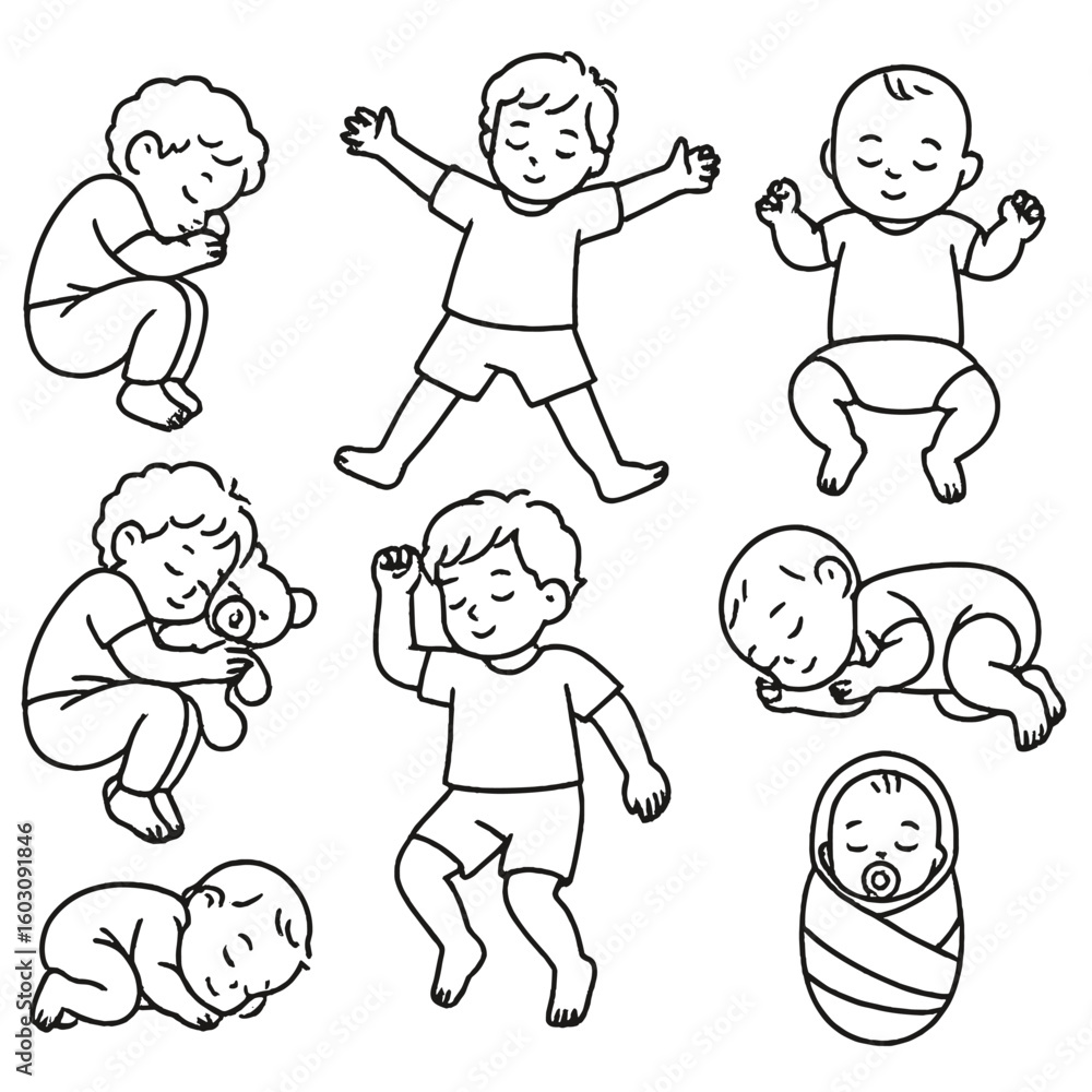 Child Sleep Positions Icons. Line style icons of child sleep positions: curled toddler sleep, starfish child pose, child with Child Sleep Positions Icons. Line style icons of child sleep positions: curled toddler sleep, starfish child pose, child with