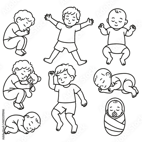 Child Sleep Positions Icons. Line style icons of child sleep positions: curled toddler sleep, starfish child pose, child with