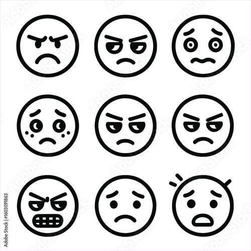 Negative Emotion Icons. Line style icons of negative emotions: frustrated frown, jealous stare, anxious expression, disappointed