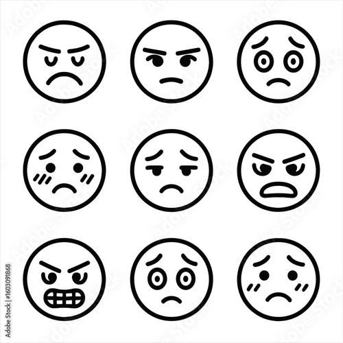 Negative Emotion Icons. Line style icons of negative emotions: frustrated frown, jealous stare, anxious expression, disappointed