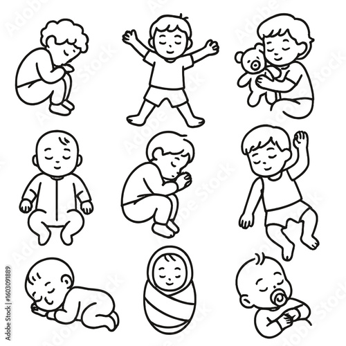 Child Sleep Positions Icons. Line style icons of child sleep positions: curled toddler sleep, starfish child pose, child with