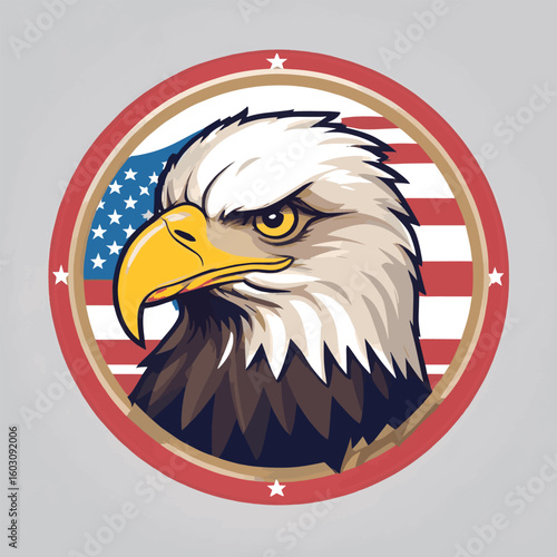 Ferocious American Bald Eagle Head with USA Flag Circle Badge - Patriotic National Symbol Vector Illustration for Independence Day, Veterans, Military, and Freedom Concepts

