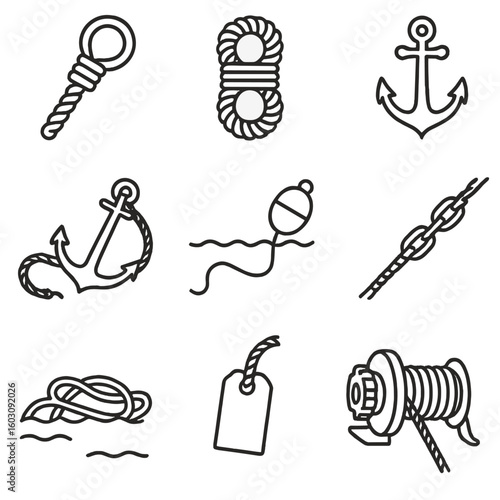Anchor Rope Icons. Line style icons of rope used with anchors: rope to anchor ring, anchor line coil, anchor drag with rope,