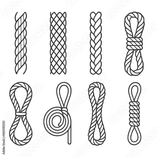 Marine Rope Icons. Line style icons of marine rope types: twisted natural rope, braided rope, nylon marine rope, three-strand rope