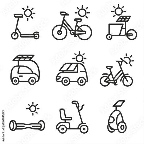 Solar-Powered Micro-Mobility Icons. Line style icons of solar bikes and micro-mobility: solar-powered scooter, sun-charged e-bike,