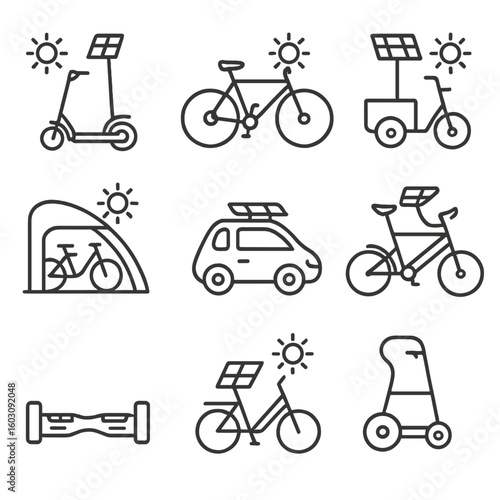 Solar-Powered Micro-Mobility Icons. Line style icons of solar bikes and micro-mobility: solar-powered scooter, sun-charged e-bike,