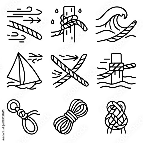 Rope Storm Icons. Line style icons of rope during storms: rope in high wind, wet rope lashing, rope straining in wave, rope