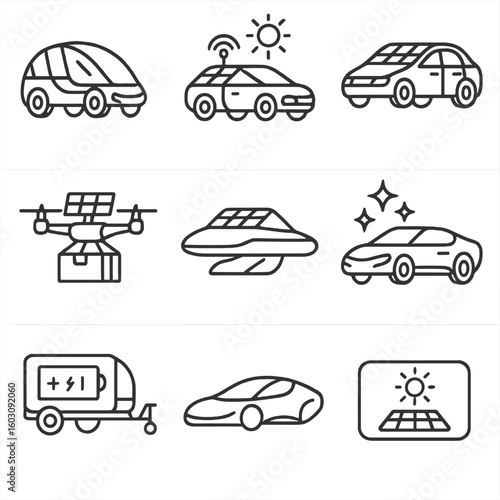 Futuristic Solar Vehicles. Line style icons of futuristic solar vehicle concepts: transparent solar canopy, AI-guided sun-tracker,