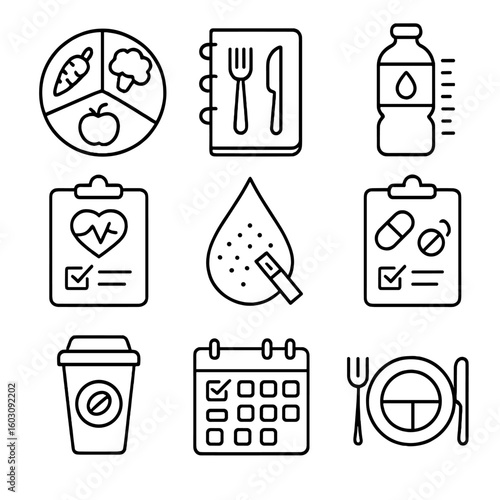 Lifestyle and Diet Icons. Line style icons of lifestyle and diet assessment: nutrition plate chart, meal logbook, hydration
