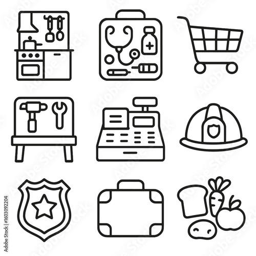 Pretend Play Icon Collection. Line style icons of pretend play toys: toy kitchen, doctor kit, shopping cart, tool bench, cash
