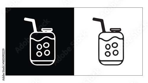 Monochrome line art icon of a fizzy soda can with a drinking straw. A minimalist vector symbol representing a cold, carbonated beverage.