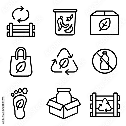 Sustainability Icon Set. Line style icons of sustainability in CSA: reusable crate return, compost bin with peels, low-waste box,