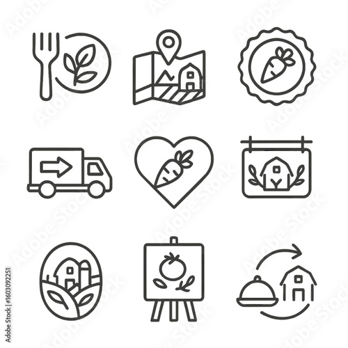 Local Food Icons. Line style icons of local food advocacy: eat local icon, map with farm dot, locavore badge, food miles symbol,