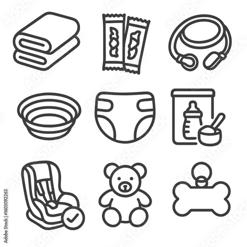 Emergency Child & Pet Essentials. Line style icons of child and pet emergency items: child blanket, extra snacks, pet leash,