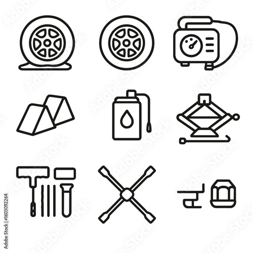 Tire Repair Essentials. Line style icons of flat tire and repair essentials: spare tire, wheel wedges, portable air compressor,