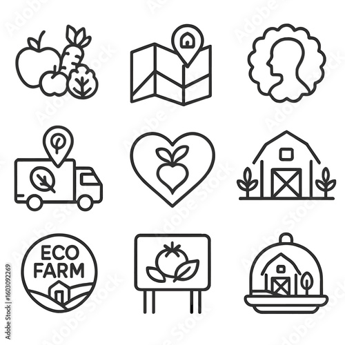 Local Food Icons. Line style icons of local food advocacy: eat local icon, map with farm dot, locavore badge, food miles symbol,