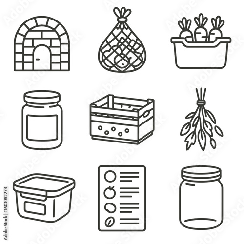 Produce Storage Icons. Line style icons of preservation and storing CSA produce: root cellar icon, mesh veggie bag, fridge bin