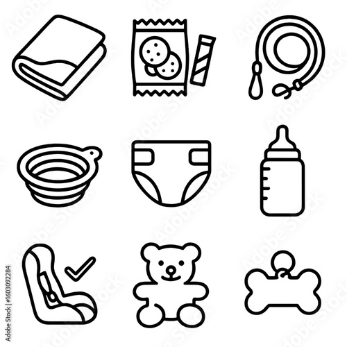 Emergency Child & Pet Essentials. Line style icons of child and pet emergency items: child blanket, extra snacks, pet leash,