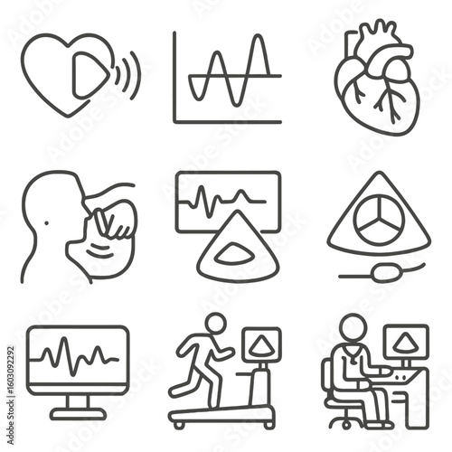Cardiac Imaging Icons. Line style icons of cardiac ultrasound (echocardiography): heart with ultrasound lines, Doppler flow chart,