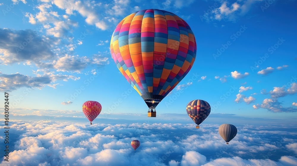 Fototapeta premium Panoramic Wide-Angle View of Colorful Hot Air Balloons Floating Above Clouds in Blue Sky with Natural Light Shadows