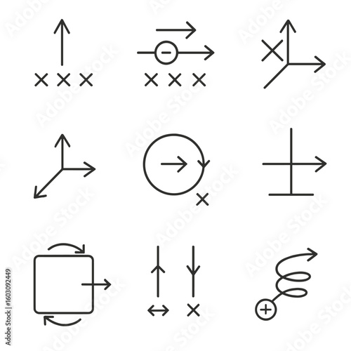 Electromagnetic Force Icons. Line style icons of forces in electromagnetism: Lorentz force arrow, moving charge in field, cross