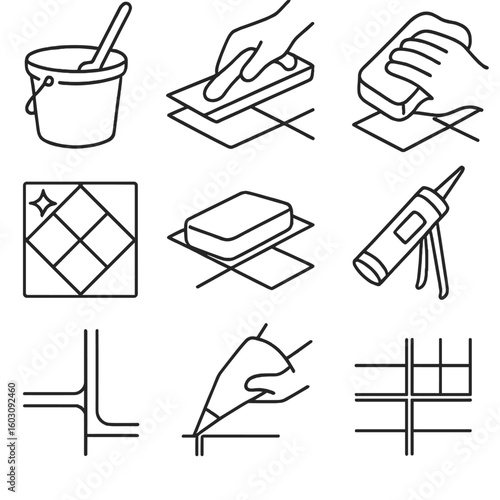 Grout and Sealing Icons. Line style icons of grout and sealing process: mixing grout bucket, grout float spreading icon, sponge