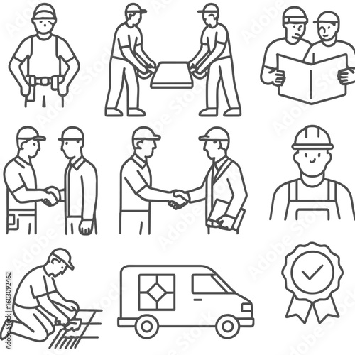 Professional Tile Crew Icons. Line style icons of professional tile installation team: tiler with tool belt, two-person tile lift,