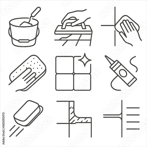 Grout and Sealing Icons. Line style icons of grout and sealing process: mixing grout bucket, grout float spreading icon, sponge