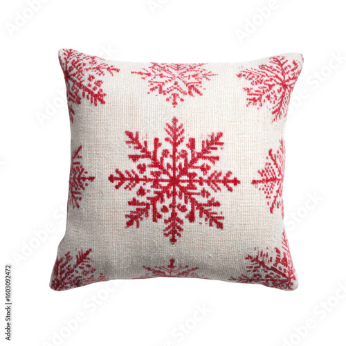 Christmas pillow with red snowflake pattern, cozy winter decor, isolated on transparent background

