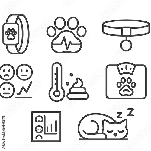 Pet Health Icons. Line style icons of pet health monitoring: fitness tracker for pet, paw print with heartbeat, smart collar icon,