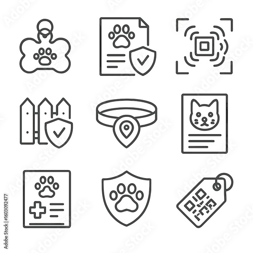 Pet Insurance Icons. Line style icons of pet insurance and protection: pet ID tag, insurance document, chip scan symbol, secure