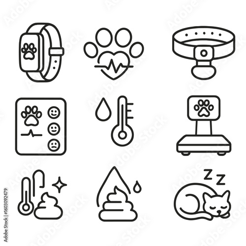 Pet Health Icons. Line style icons of pet health monitoring: fitness tracker for pet, paw print with heartbeat, smart collar icon,
