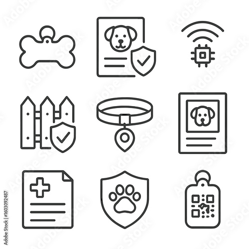 Pet Insurance Icons. Line style icons of pet insurance and protection: pet ID tag, insurance document, chip scan symbol, secure