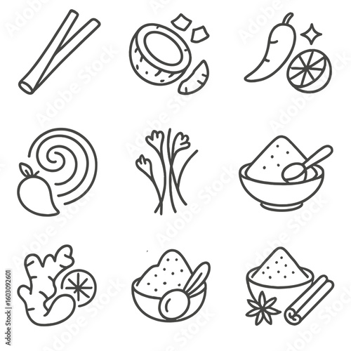 Exotic Flavor Icons. Line style icons of exotic and fusion flavors: lemongrass stalk, coconut flake, tamarind pod, chili-lime icon
