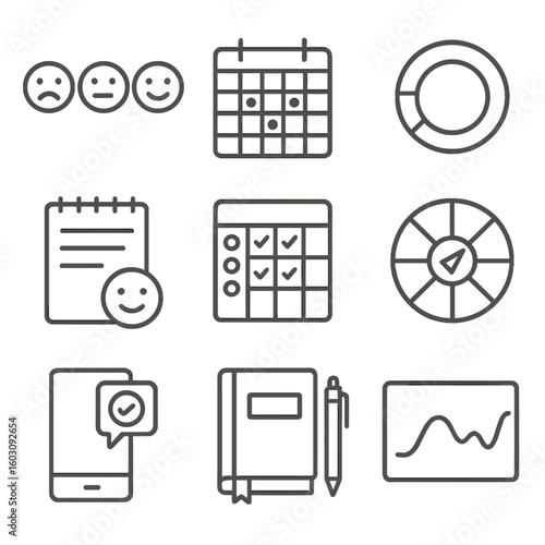 Mood Tracking Icons. Line style icons of mood tracking and journaling: mood faces range, color-coded calendar, mood ring symbol,