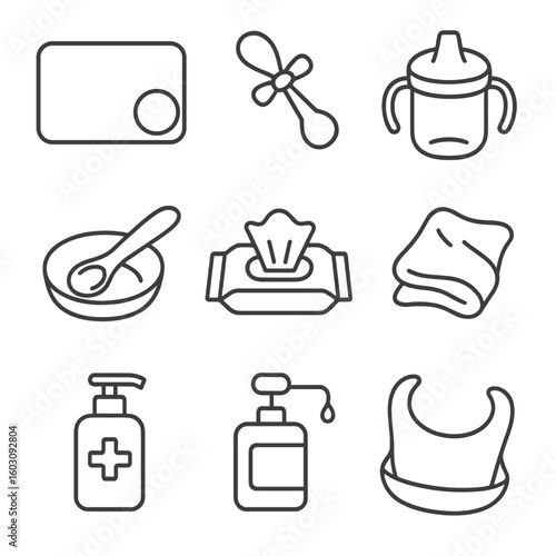 Mealtime Icon Set. Line style icons of mealtime accessories: silicone mat, bib clip, water sippy cup, tray attachment, spoon rest,