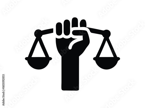 Justice Fist Icon – Equality and Law Symbol | Black Silhouette of Hand Holding Balance Scales for Legal, Human Rights, and Social Justice Themes

