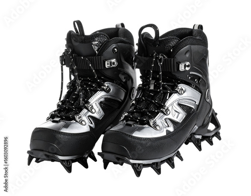 Foto A pair of metal crampons with straps, essential traction gear for ice climbing and mountaineering, isolated on white