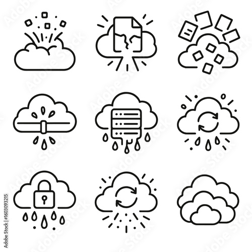 Cloud Data Chaos. Line style icons of cloud data explosion: bursting cloud storage, fragmented file icon, scattered cloud files,