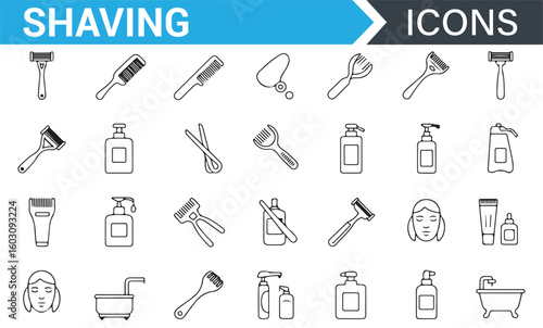 Set of Shaving and Grooming Icons for Personal Care, Razors, Brushes, and Creams