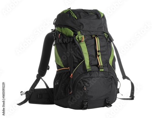 A dark-colored mountaineering backpack, fully packed for an expedition, isolated on white.