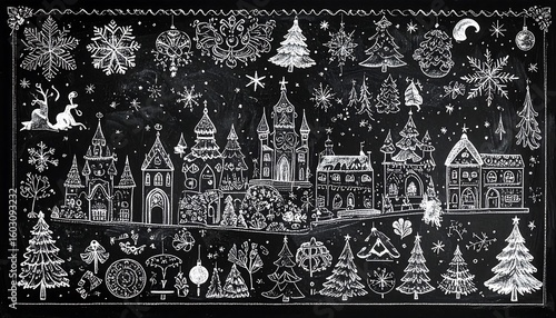 Festive Christmas town sketch on chalkboard