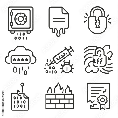 Cybersecurity Threat Icons. Line style icons of cybersecurity threats from data surge: data breach vault, leaked files, digital