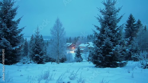 Snowy pine branches frame winter landscape, promising cozy nights in a remote cabin