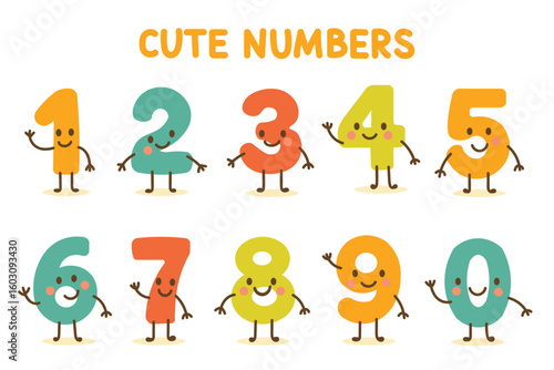set of vector cute numbers symbols, page for children book math