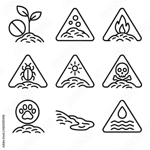 Mulch Safety Icons. Line style icons of mulch safety and risks: keep away from stems symbol, moldy mulch warning, mulch fire